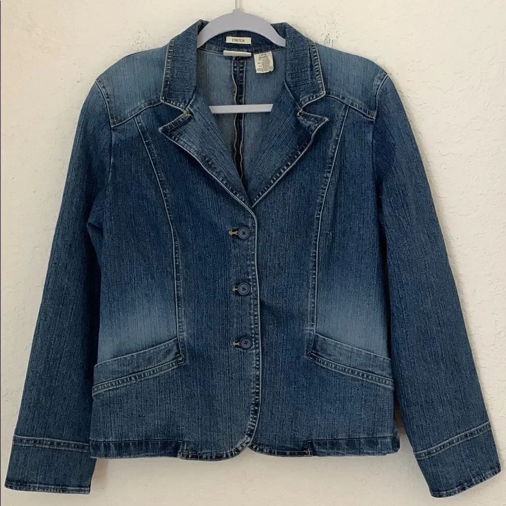 St.John’s Bay Women’s Jacket Denim Jean Stretch Medium Wash Blue Pockets Size L